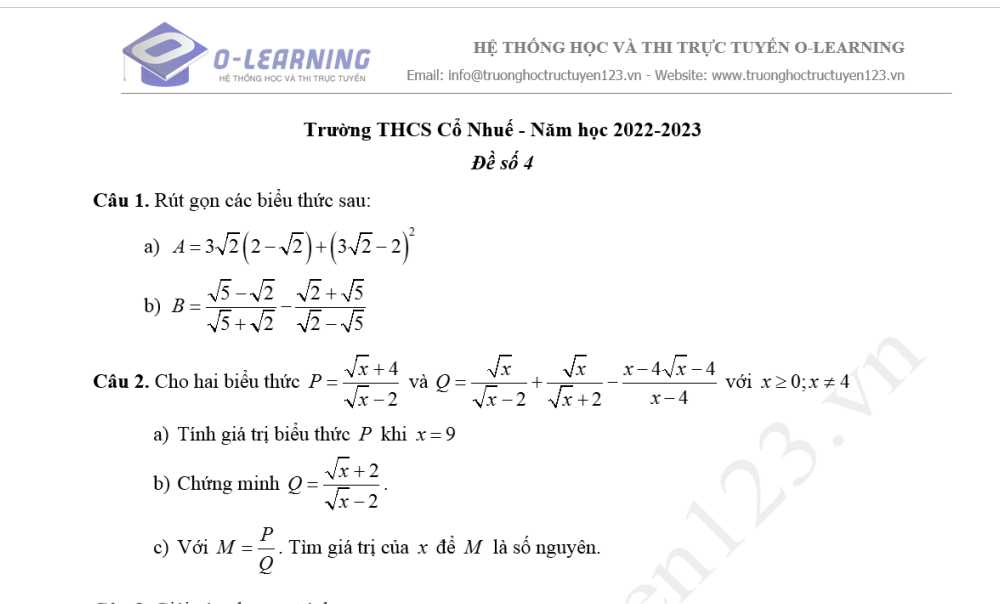 Toán 9. Đề cương Ôn tập giữa học kỳ 1. Trường THCS Cổ Nhuế năm học 2022-2023. Đề số 4